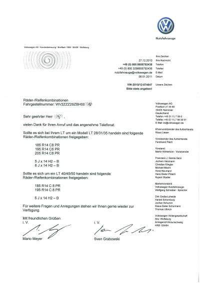Reifenfreigabe von VW für BJ 1981