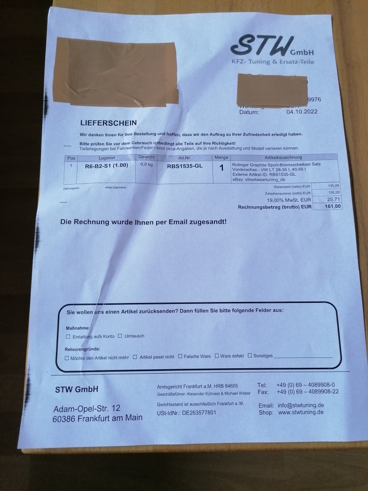 Lieferschein Bremsscheiben