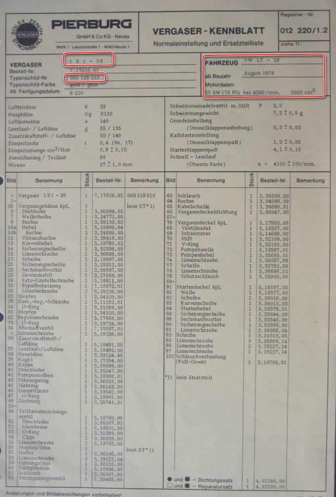 1B1-16 Vergaser Datenblatt